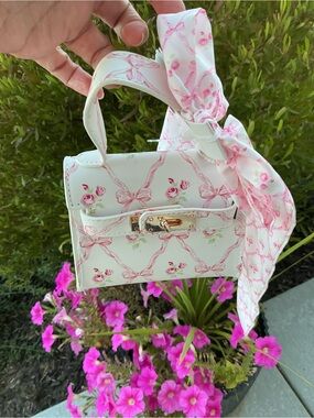 Mini White Floral Top-Handle Bag with Pink Hair Scarf Tie